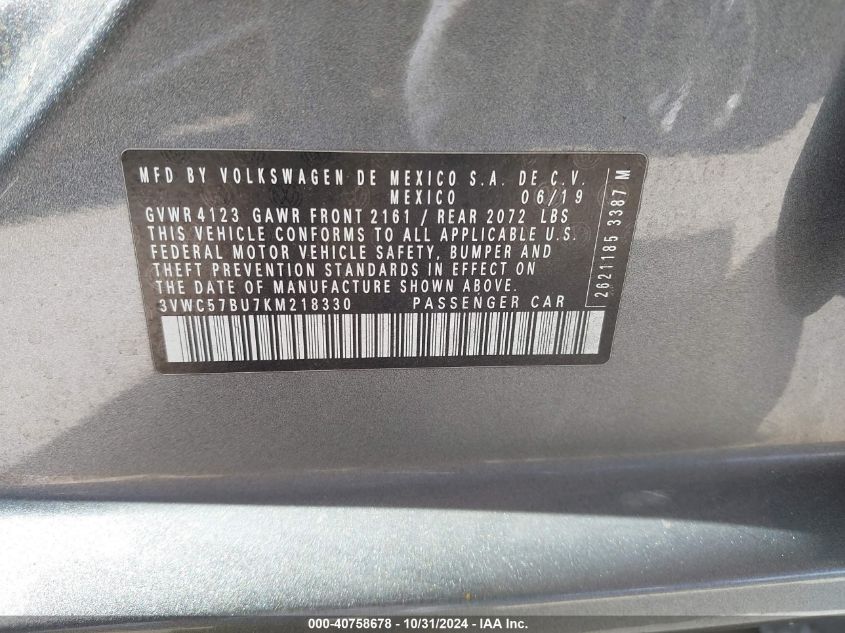 VIN 3VWC57BU7KM218330 2019 VOLKSWAGEN JETTA 1.4T R-LINE/1.4T S/1.4T SE