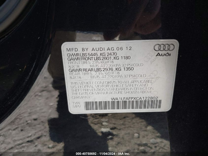 2012 Audi Q5 2.0T Premium VIN: WA1LFAFPXCA122802 Lot: 40758692