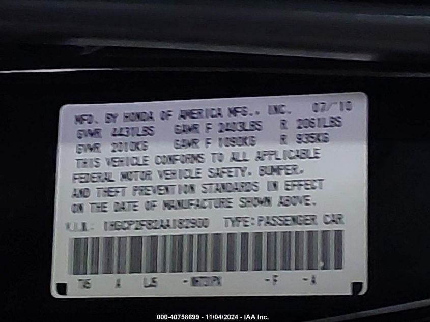 2010 Honda Accord Sdn 2.4 Ex-L/Ex-L VIN: 1HGCP2F82AA182900 Lot: 40758699