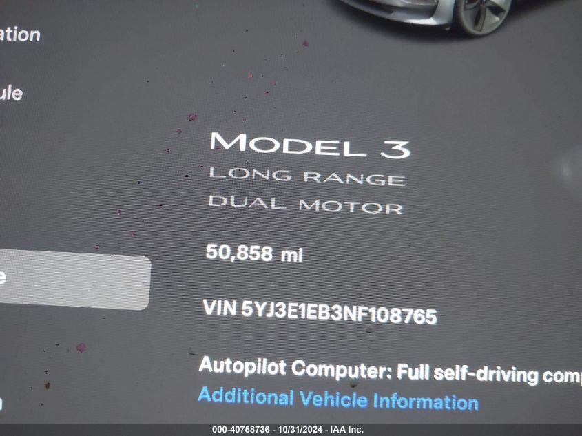 2022 Tesla Model 3 Long Range Dual Motor All-Wheel Drive VIN: 5YJ3E1EB3NF108765 Lot: 40758736