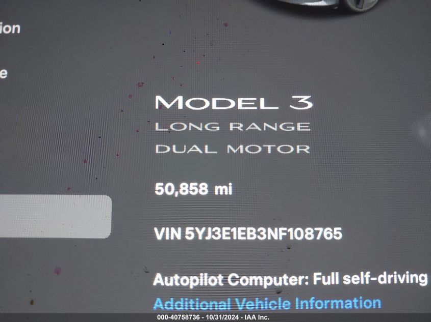 2022 Tesla Model 3 Long Range Dual Motor All-Wheel Drive VIN: 5YJ3E1EB3NF108765 Lot: 40758736