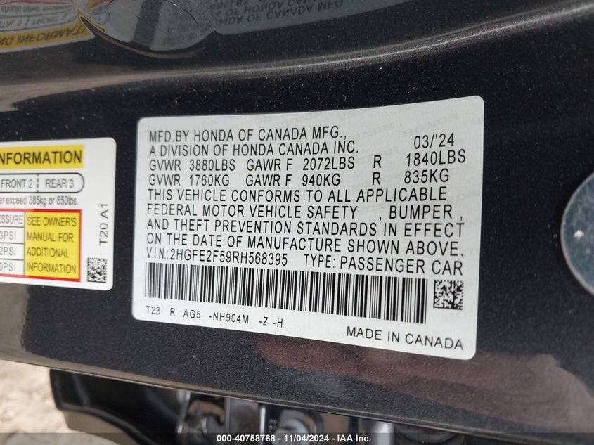 2024 HONDA CIVIC SPORT - 2HGFE2F59RH568395