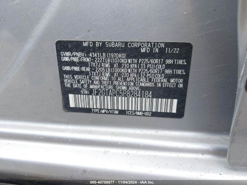 2023 Subaru Crosstrek Premium VIN: JF2GTAPC5P8284184 Lot: 40758877