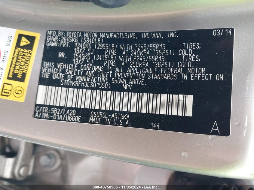 2014 TOYOTA HIGHLANDER LIMITED V6 - 5TDYKRFH3ES015501