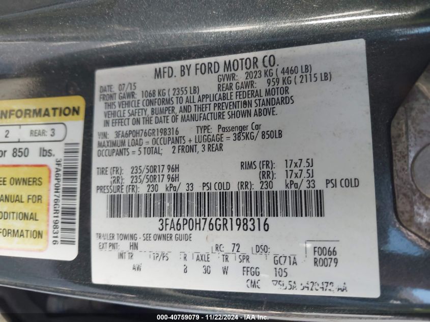 2016 FORD FUSION SE - 3FA6P0H76GR198316