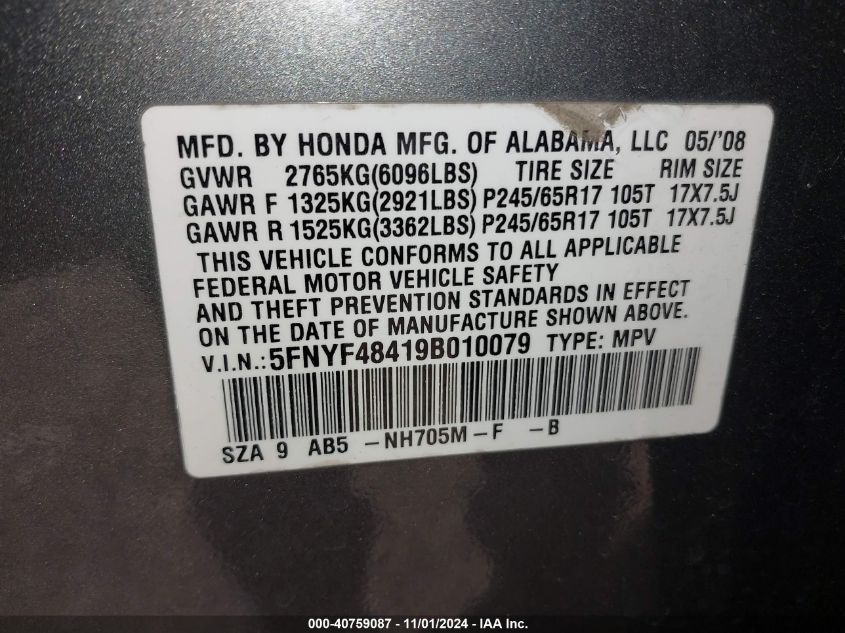 2009 Honda Pilot Ex VIN: 5FNYF48419B010079 Lot: 40759087