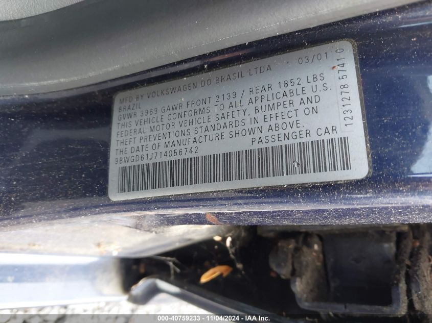2001 Volkswagen Golf Gls VIN: 9BWGD61J714056742 Lot: 40759233