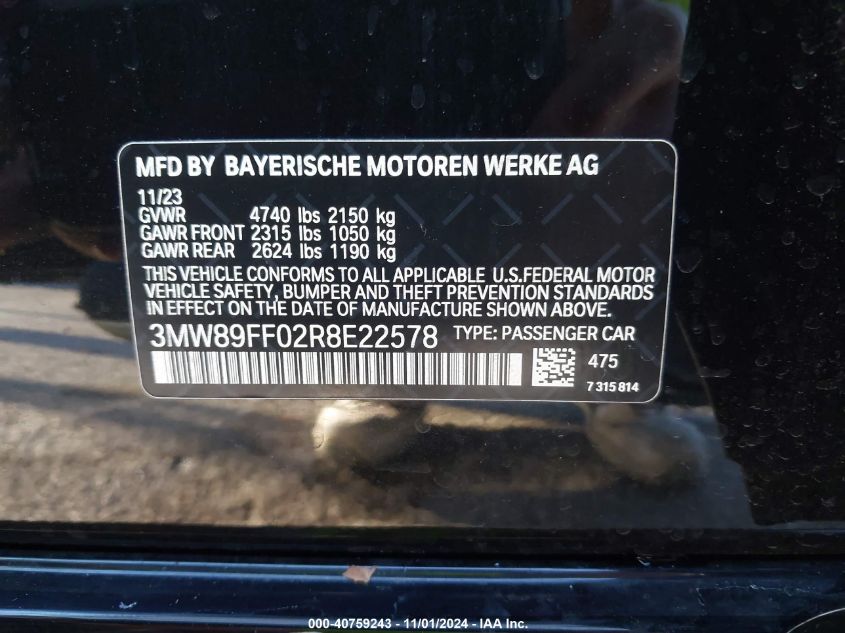 2024 BMW 3 Series 330I xDrive VIN: 3MW89FF02R8E22578 Lot: 40759243