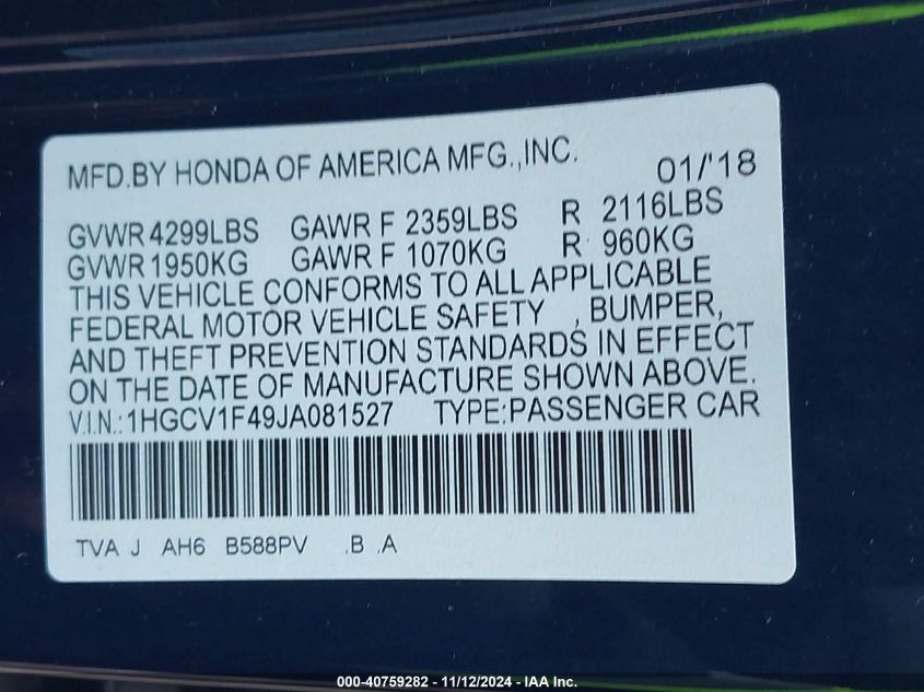 2018 Honda Accord Ex VIN: 1HGCV1F49JA081527 Lot: 40759282