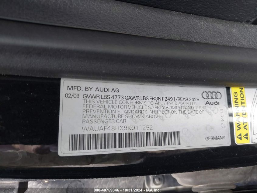 2009 Audi A4 2.0T Special Edition VIN: WAUAF48HX9K011252 Lot: 40759346