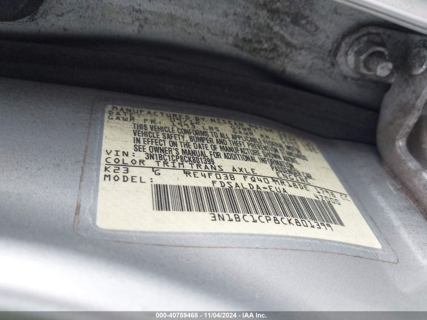 2012 NISSAN VERSA VIN: 3N1BC1CP8CK801399