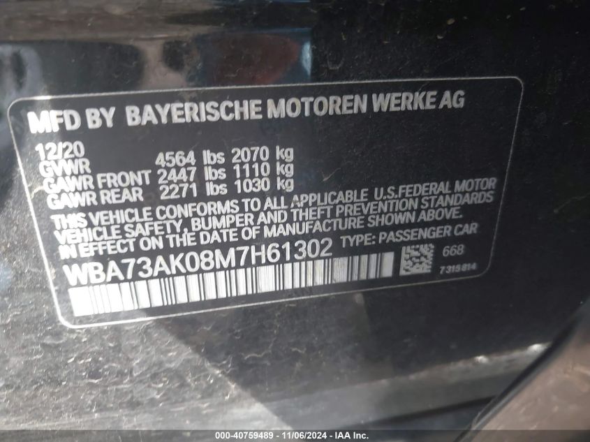 2021 BMW 228I Gran Coupe xDrive VIN: WBA73AK08M7H61302 Lot: 40759489