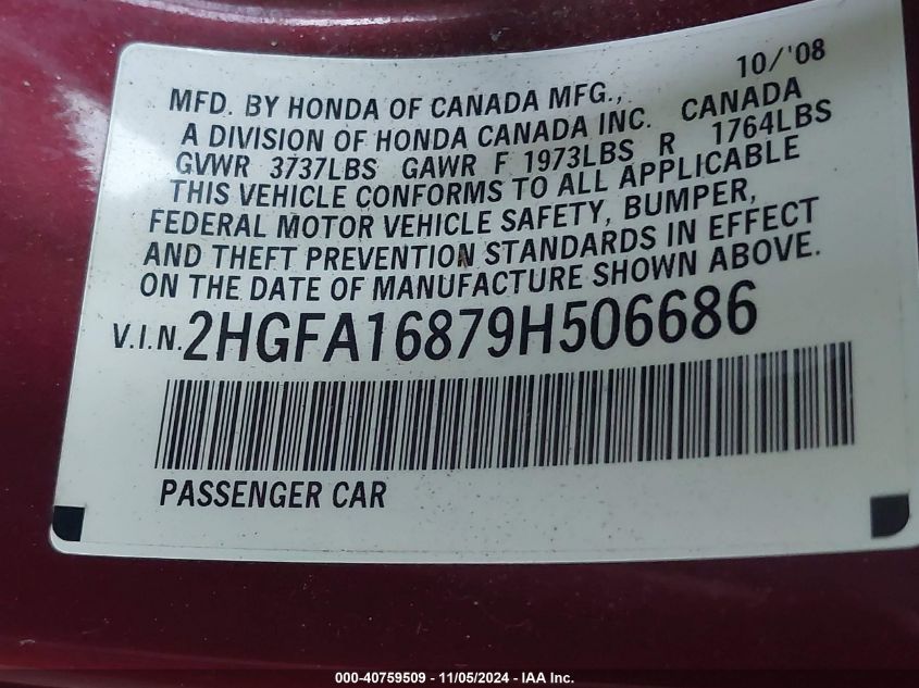 2009 Honda Civic Ex VIN: 2HGFA16879H506686 Lot: 40759509