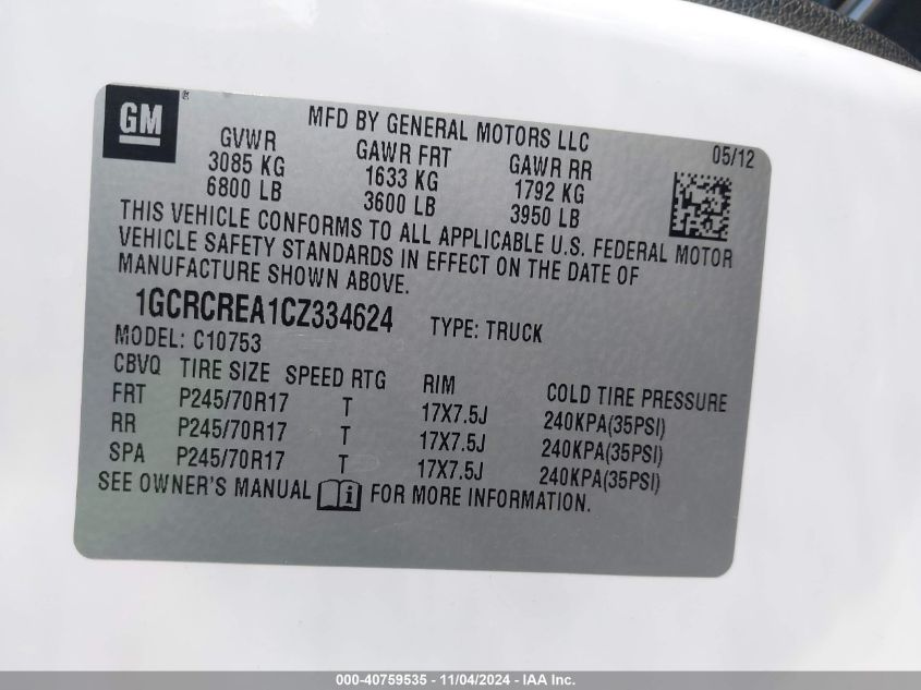 2012 Chevrolet Silverado 1500 Ls VIN: 1GCRCREA1CZ334624 Lot: 40759535