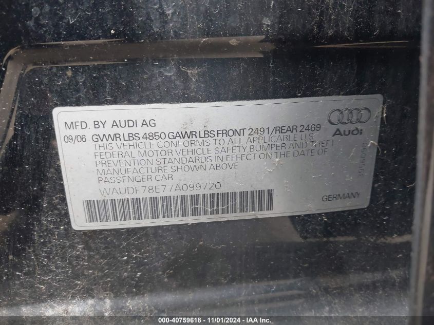 2007 Audi A4 2.0T VIN: WAUDF78E77A099720 Lot: 40759618