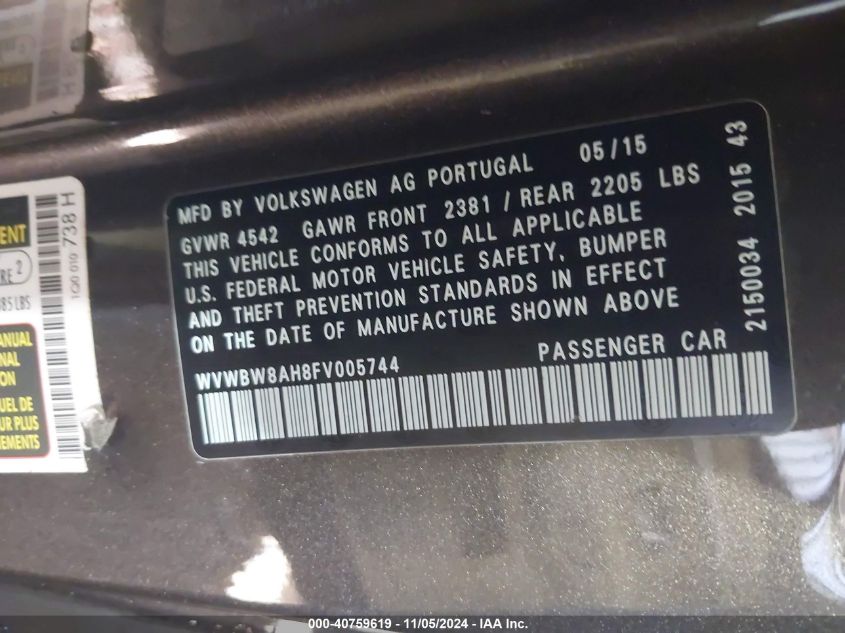 2015 VOLKSWAGEN EOS KOMFORT EDITION - WVWBW8AH8FV005744