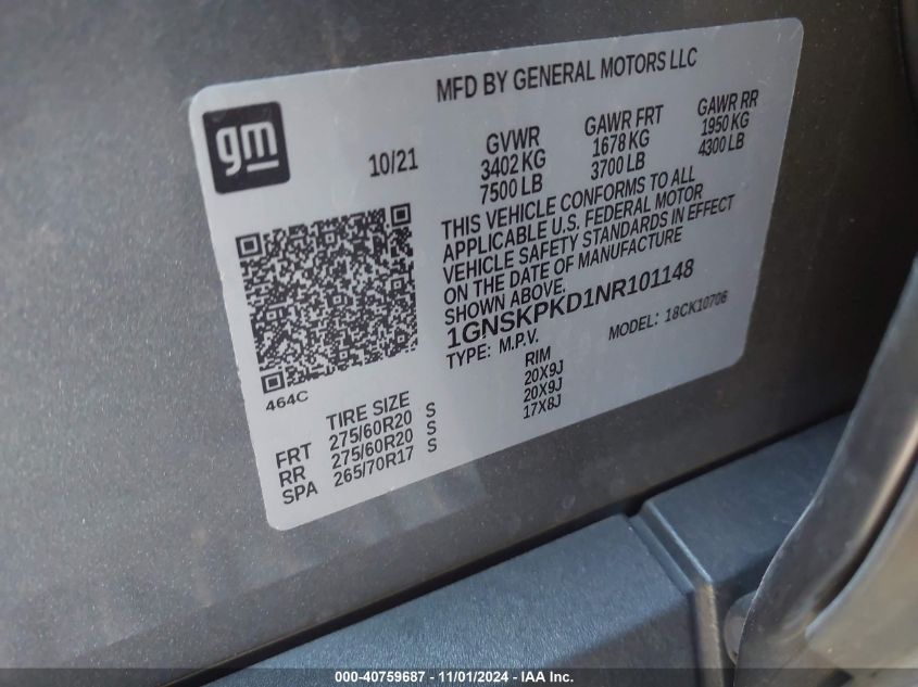 2022 CHEVROLET TAHOE 4WD Z71 - 1GNSKPKD1NR101148