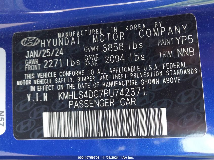 VIN KMHLS4DG7RU742371 2024 Hyundai Elantra, Sel no.9