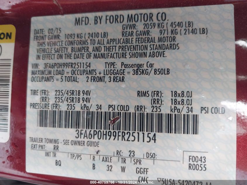 2015 Ford Fusion Se VIN: 3FA6P0H99FR251154 Lot: 40759766