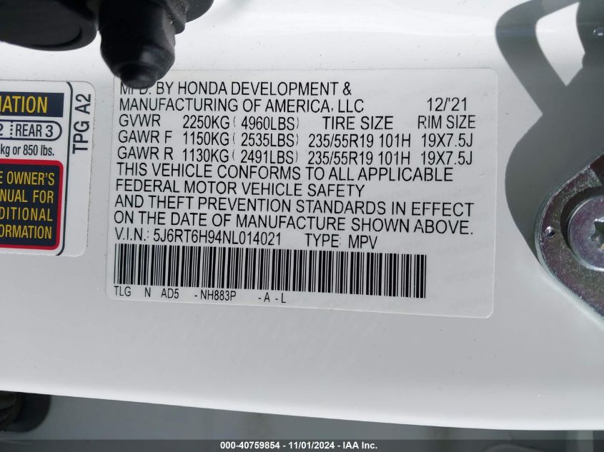 2022 Honda Cr-V Hybrid Touring VIN: 5J6RT6H94NL014021 Lot: 40759854