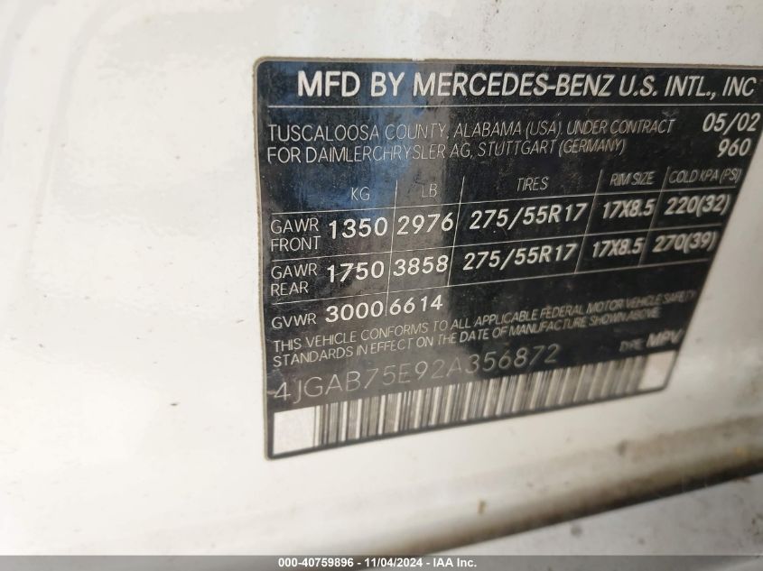 2002 Mercedes-Benz Ml 500 VIN: 4JGAB75B92A356872 Lot: 40759896