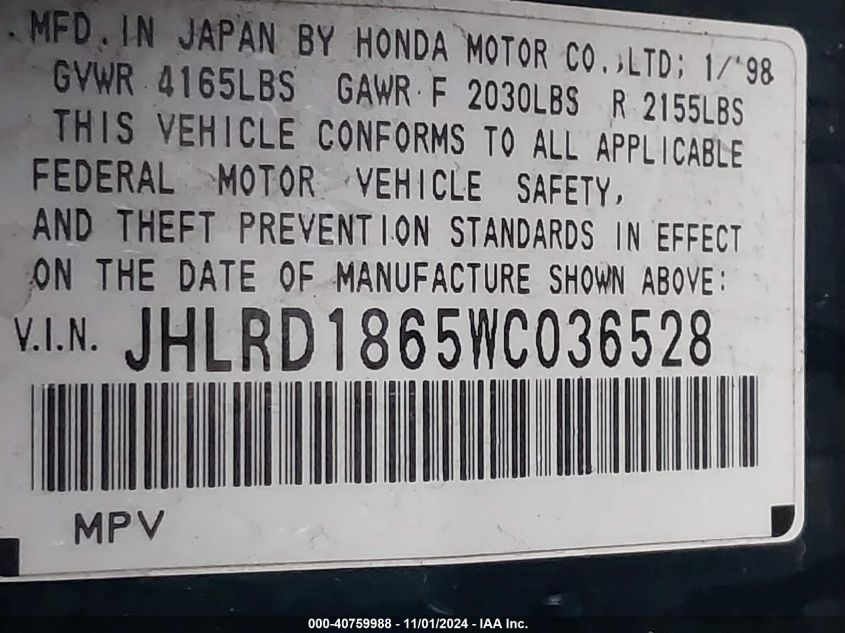 1998 Honda Cr-V Ex VIN: JHLRD1865WC036528 Lot: 40759988