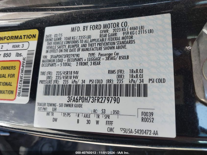 2015 FORD FUSION SE - 3FA6P0H73FR279790