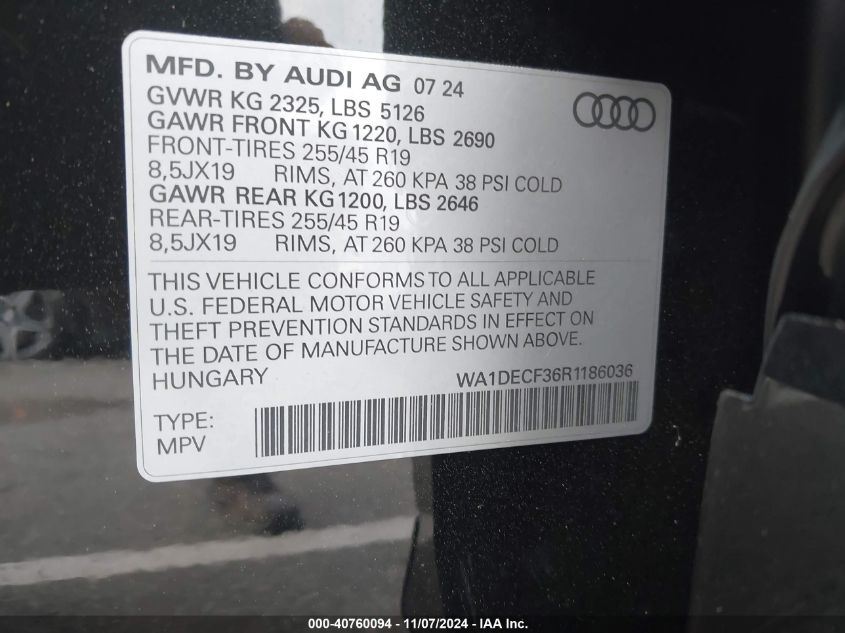 Auction sale of the 2024 AUDI Q3 , vin: WA1DECF36R1186036, lot number: 40760094