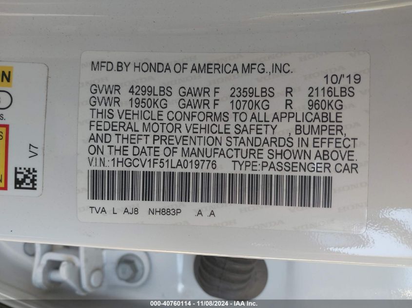 2020 Honda Accord Ex-L VIN: 1HGCV1F51LA019776 Lot: 40760114