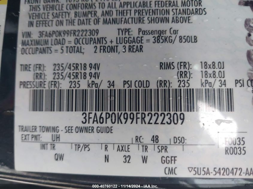 VIN 3FA6P0K99FR222309 2015 Ford Fusion, Titanium no.9