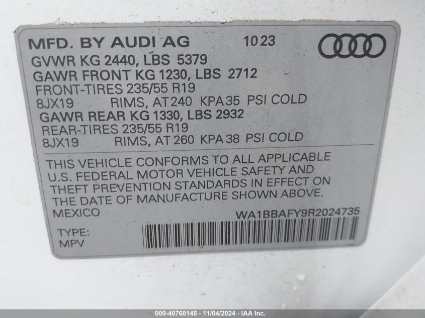 2024 Audi Q5 Premium Plus 40 Tfsi Quattro S Tronic VIN: WA1BBAFY9R2024735 Lot: 40760145