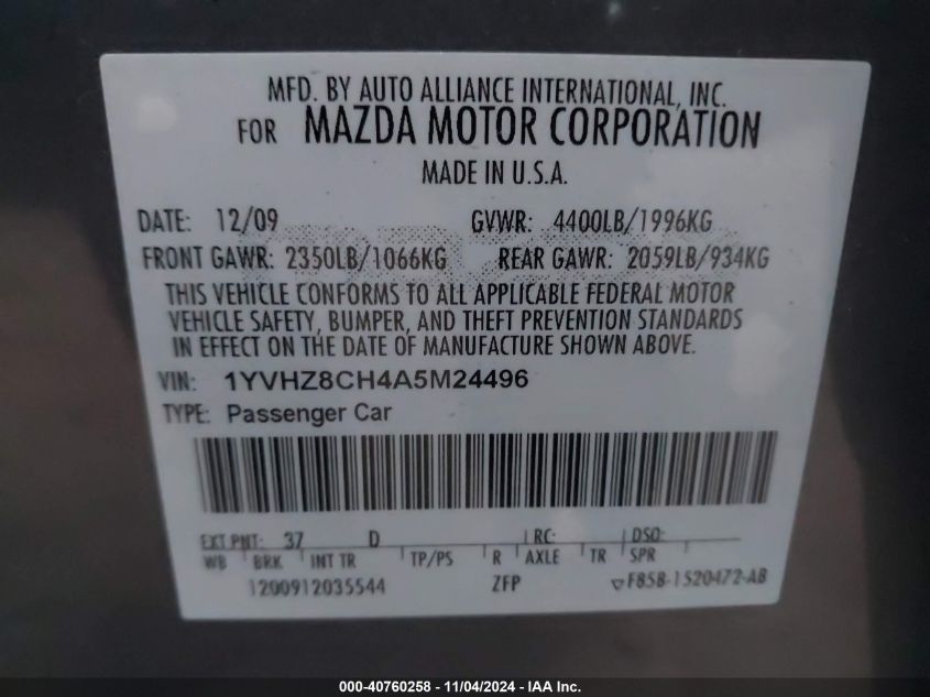 2010 Mazda Mazda6 I Touring Plus VIN: 1YVHZ8CH4A5M24496 Lot: 40760258