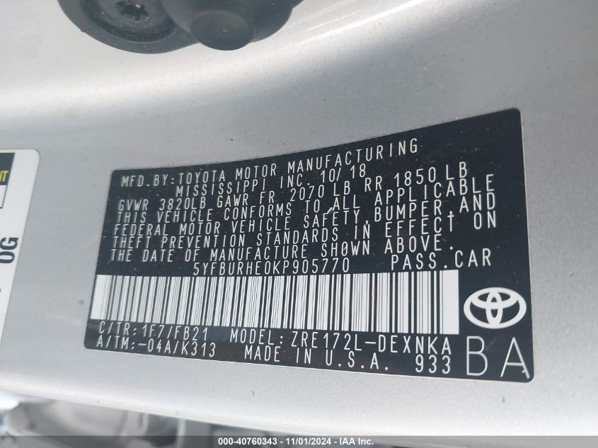 2019 TOYOTA COROLLA LE - 5YFBURHE0KP905770