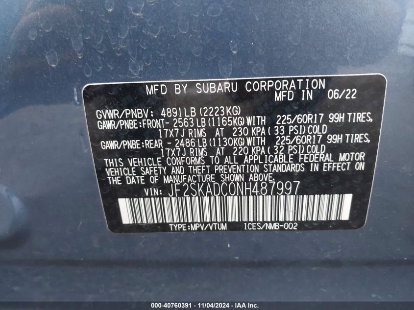 2022 Subaru Forester Premium VIN: JF2SKADC0NH487997 Lot: 40760391