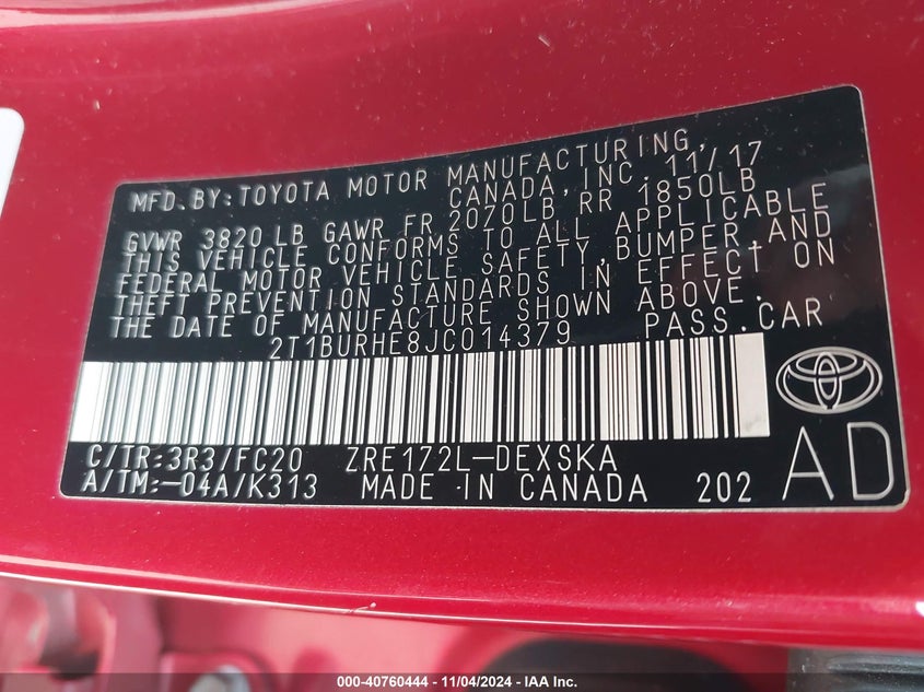 2018 TOYOTA COROLLA SE - 2T1BURHE8JC014379