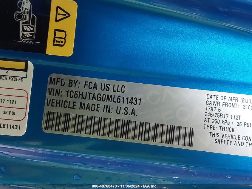 2021 Jeep Gladiator Sport S 4X4 VIN: 1C6HJTAG0ML611431 Lot: 40760470