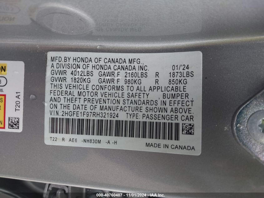 2024 Honda Civic Touring VIN: 2HGFE1F97RH321924 Lot: 40760487