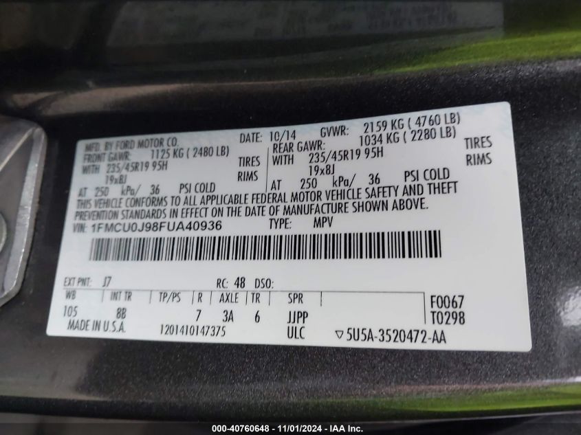 VIN 1FMCU0J98FUA40936 2015 Ford Escape, Titanium no.9