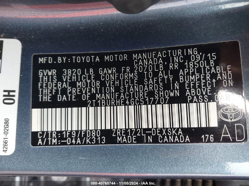 2016 Toyota Corolla S Plus VIN: 2T1BURHE4GC517707 Lot: 40760744