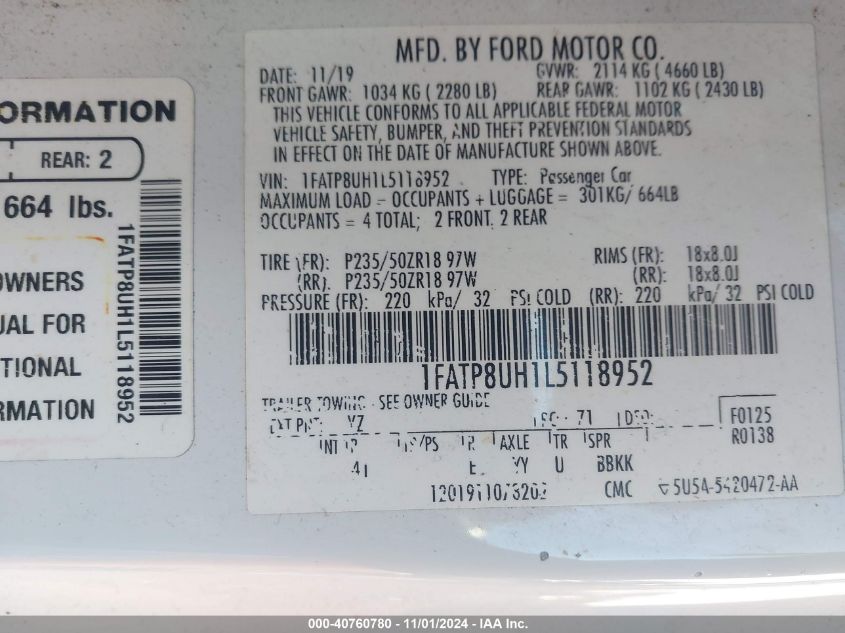 2020 FORD MUSTANG VIN: 1FATP8UH1L5118952