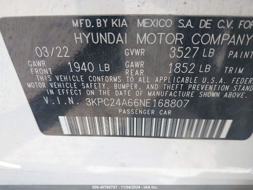 2022 Hyundai Accent Se VIN: 3KPC24A66NE168807 Lot: 40760787