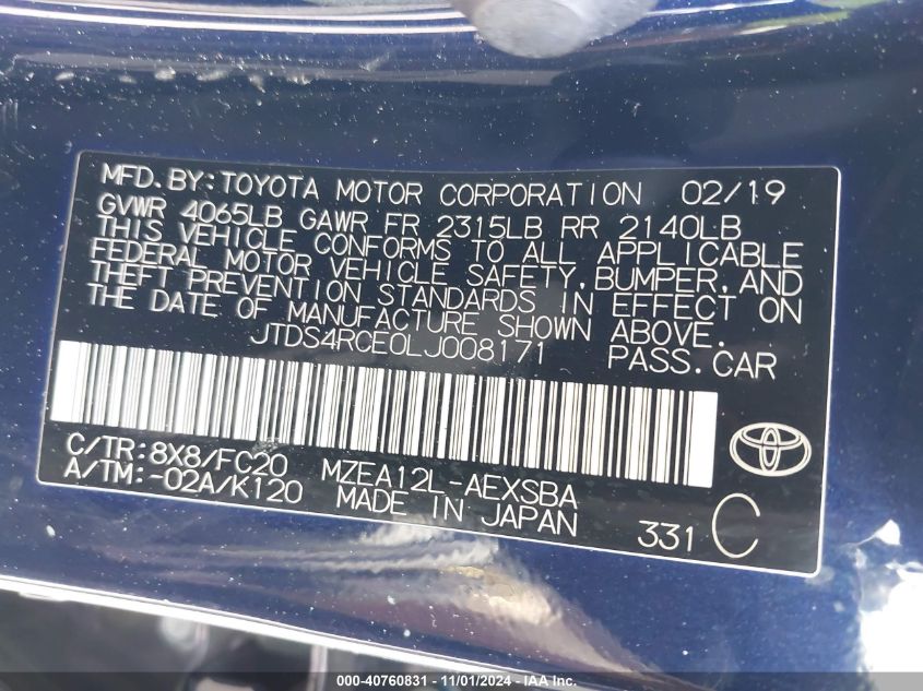 2020 Toyota Corolla Se VIN: JTDS4RCE0LJ008171 Lot: 40760831