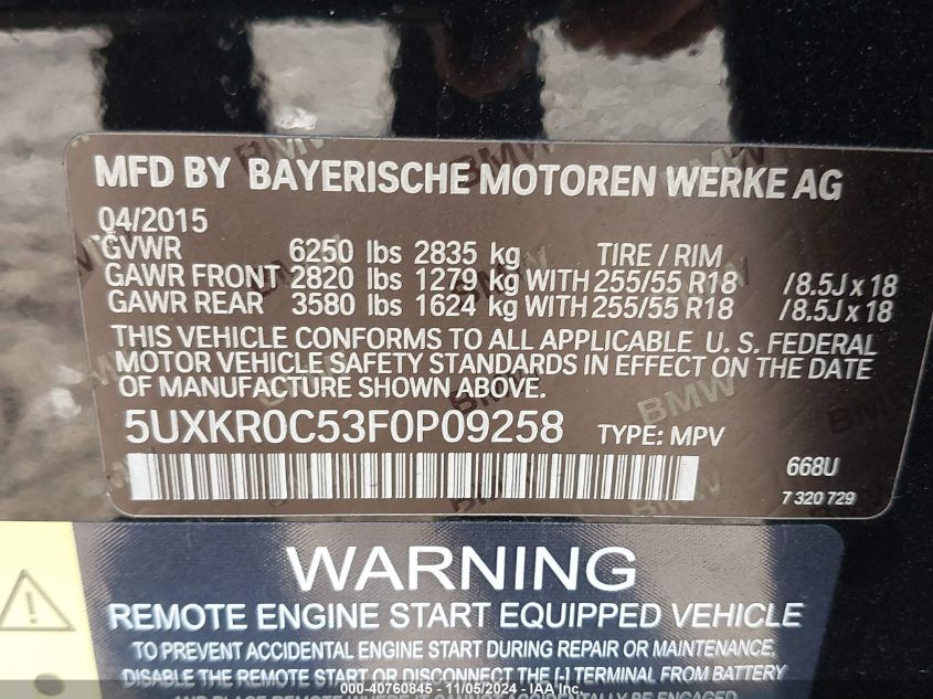 2015 BMW X5 xDrive35I VIN: 5UXKR0C53F0P09258 Lot: 40760845