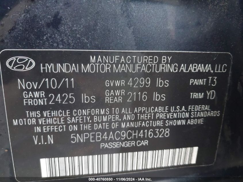 2012 Hyundai Sonata Gls VIN: 5NPEB4AC9CH416328 Lot: 40760850