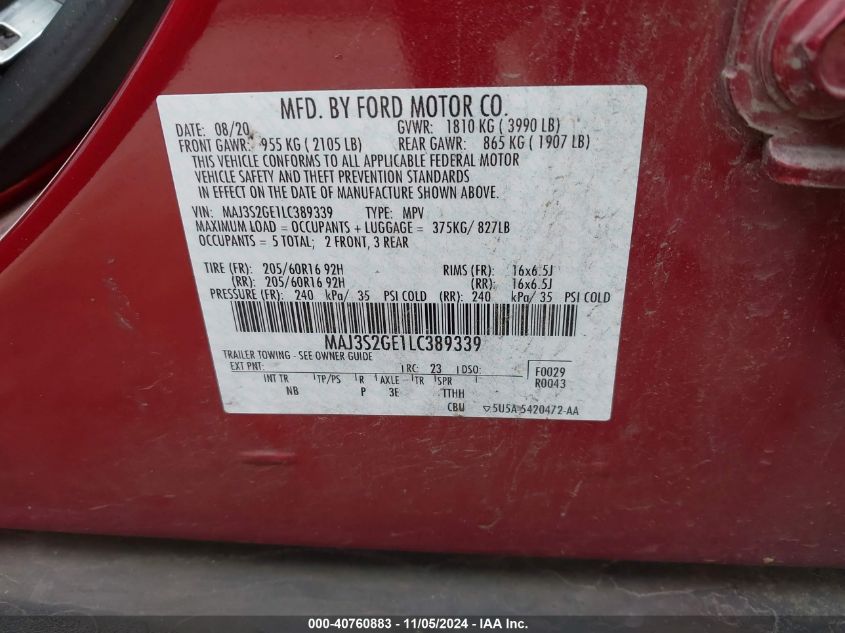 2020 Ford Ecosport Se VIN: MAJ3S2GE1LC389339 Lot: 40760883