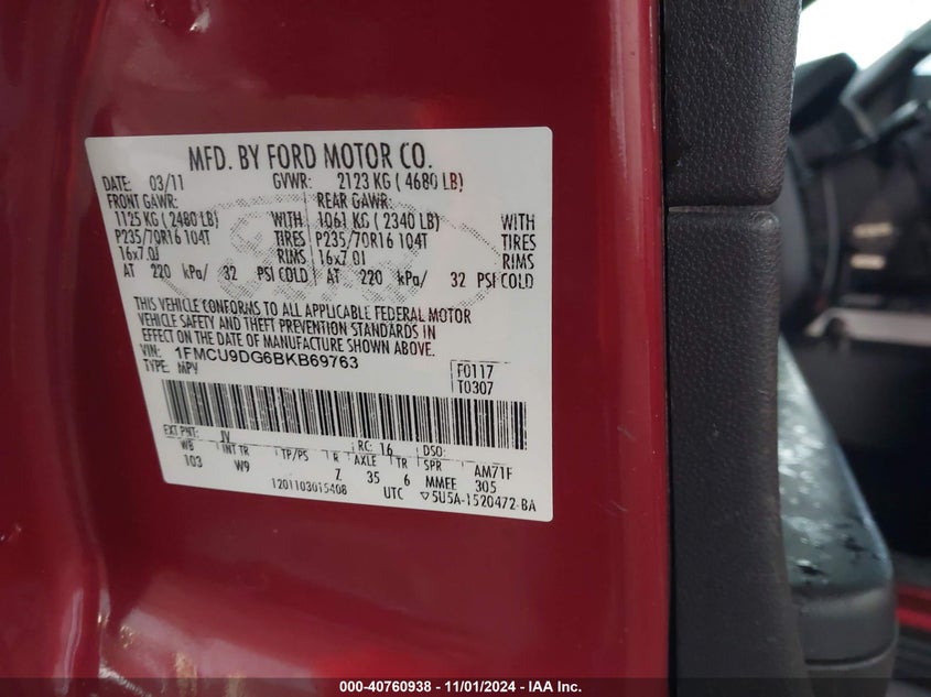 2011 Ford Escape VIN: 1FMTU9DG6BKB69763 Lot: 40760938