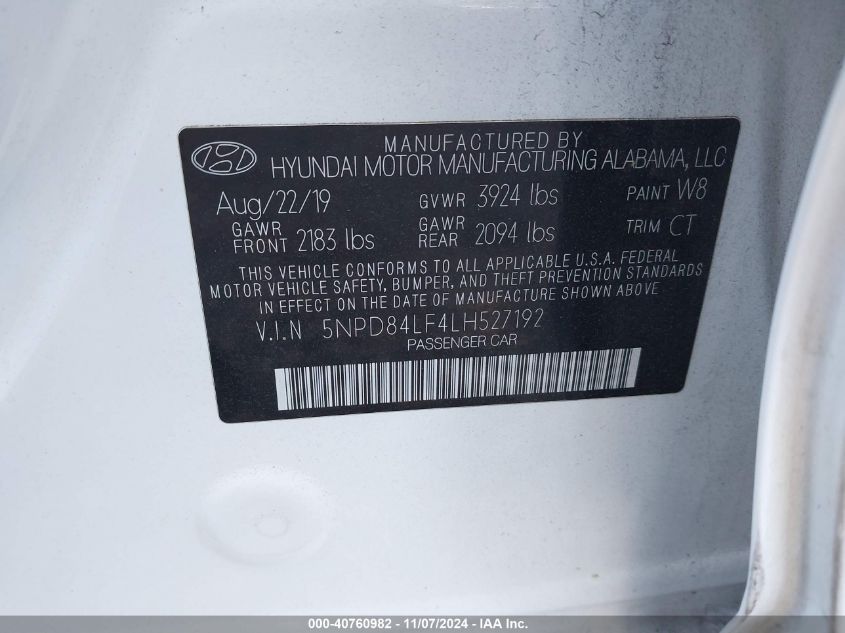 VIN 5NPD84LF4LH527192 2020 Hyundai Elantra, Sel no.9