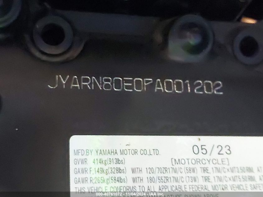 2023 Yamaha Mtm890 VIN: JYARN80E0PA001202 Lot: 40761072