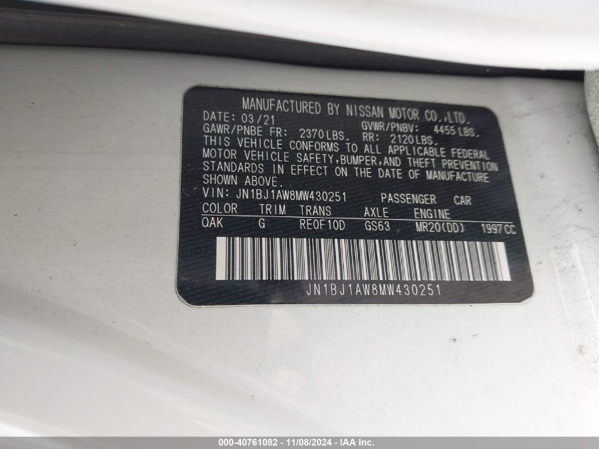 VIN JN1BJ1AW8MW430251 2021 Nissan Rogue, Sport S Aw... no.9