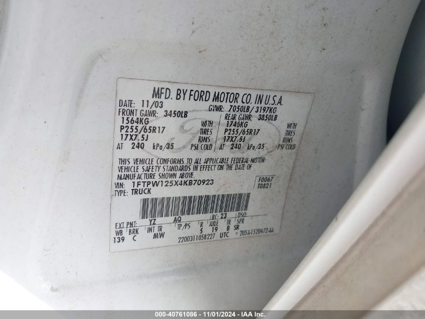 2004 Ford F-150 Lariat/Xlt VIN: 1FTPW125X4KB70923 Lot: 40761086